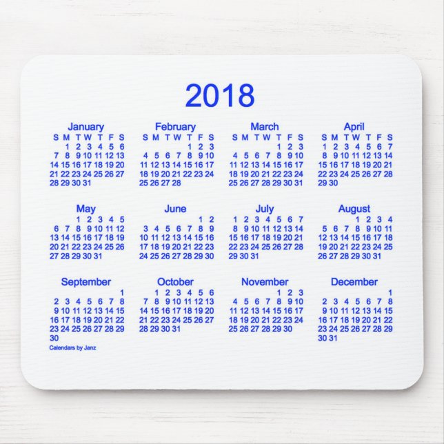 Mousepad 2018 calendário azul e branco pelo tapete do rato (Frente)