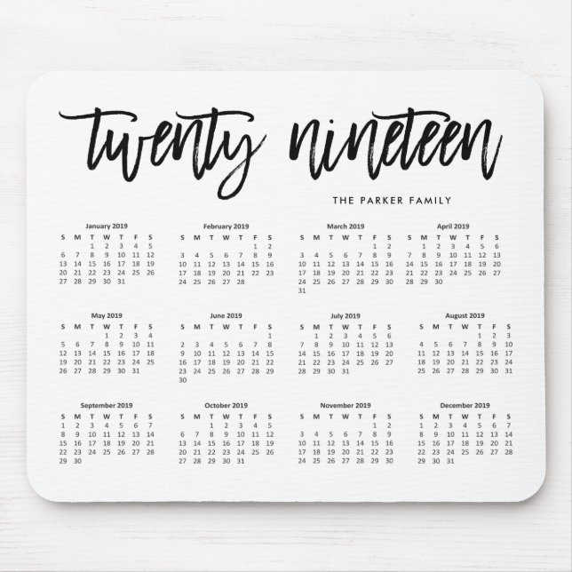 Mousepad 2019 tipografia moderna do calendário | (Frente)