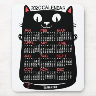 Mousepad 2020 Year Monthly Calendar Mid-Century Black Cat