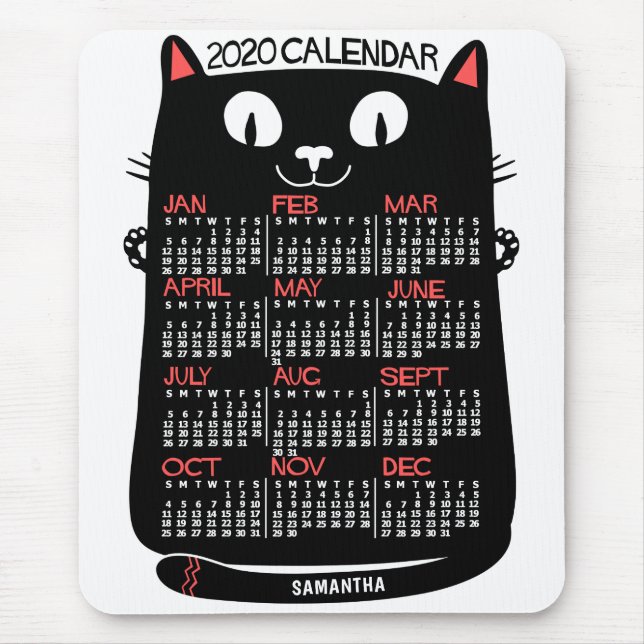 Mousepad 2020 Year Monthly Calendar Mid-Century Black Cat (Frente)