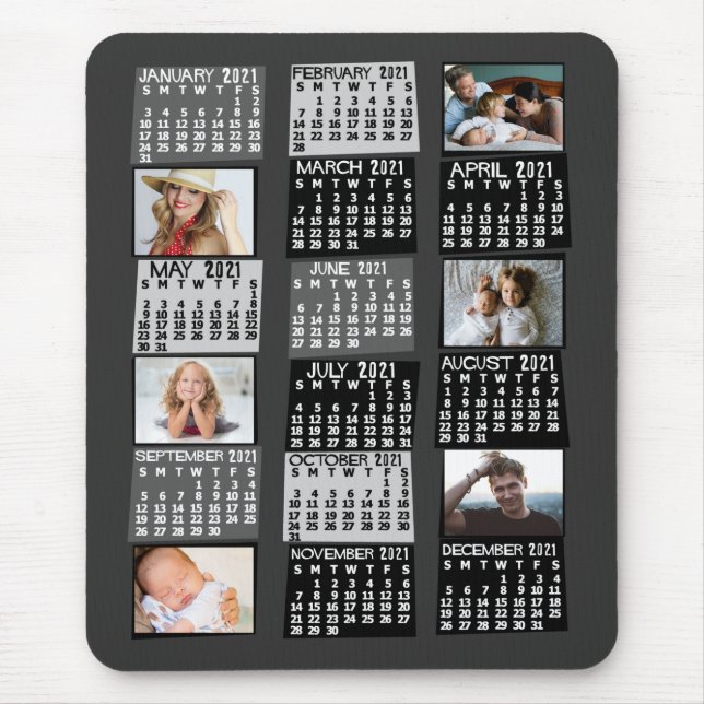 Mousepad 2021 Ano Calendário Mensal Colagem de Fotos em Pre (Frente)