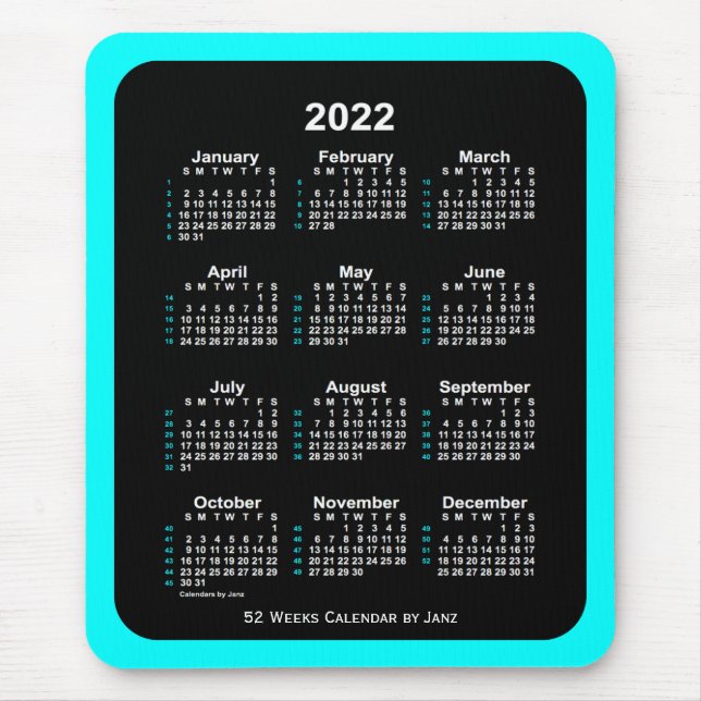 Mousepad 2022 Aqua Neon 52 Week Calendar by Janz (Frente)