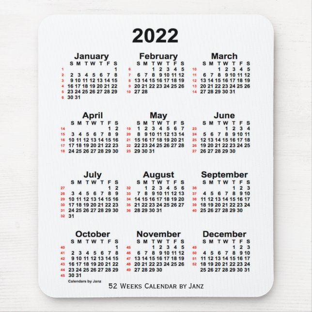 Mousepad 2022 White 52 Week Calendar by Janz (Frente)