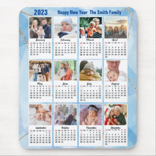 Mousepad 2023 Calendar 12 Family Photo Modern Blue Simple