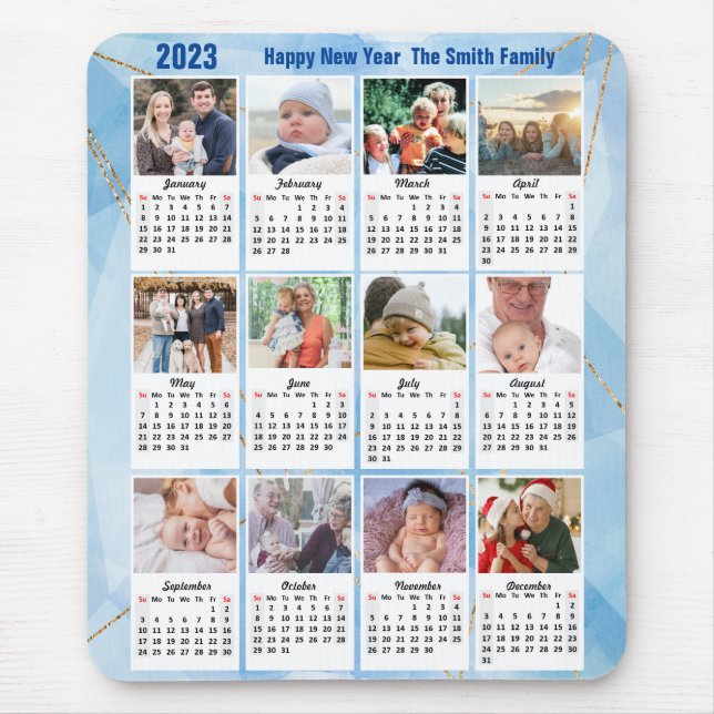 Mousepad 2023 Calendar 12 Family Photo Modern Blue Simple (Frente)