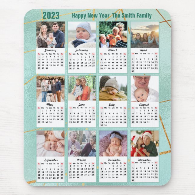 Mousepad 2023 Calendário 12 Família Foto Moderna Verde Simp (Frente)