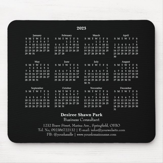 Mousepad 2023 Mini Calendar SUNDAY Start BLACK (Frente)