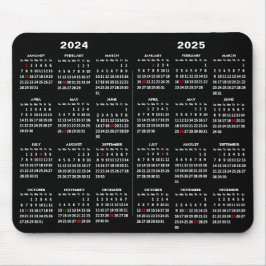 Mousepad 2024 - 2025 Calendário preto simples com feriados 