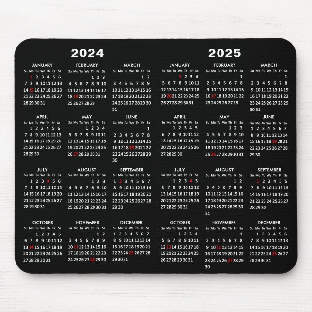 Mousepad 2024 - 2025 Calendário preto simples com feriados  (Frente)