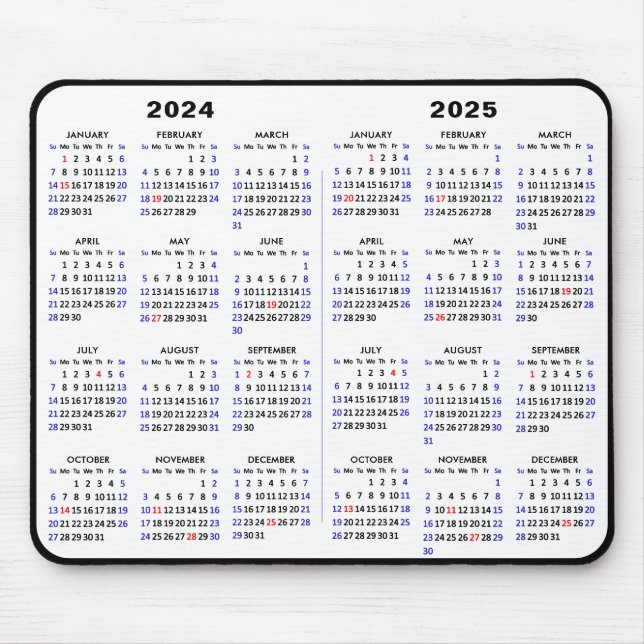 Mousepad 2024 - 2025 Calendário preto simples com feriados  (Frente)