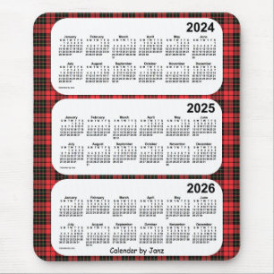 Mousepad 2024-2026 xadrez vermelha calendário de 3 anos po