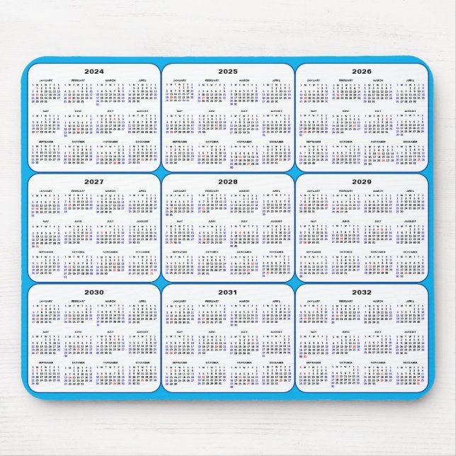Mousepad 2024 - 2032 Calendário com feriados americanos no  (Frente)