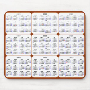 Mousepad 2024 - 2032 Calendário com Feriados dos EUA em Bro
