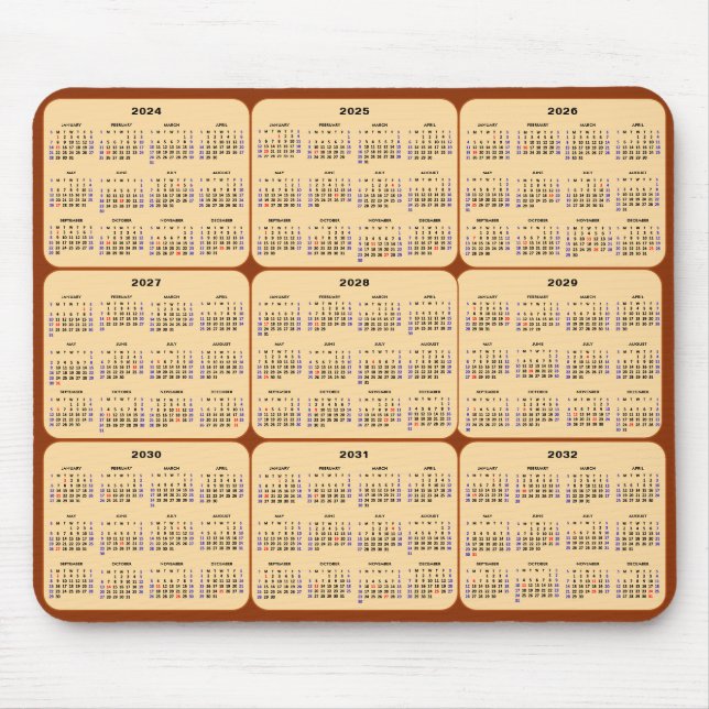 Mousepad 2024 - 2032 Calendário com Feriados dos EUA em Bro (Frente)