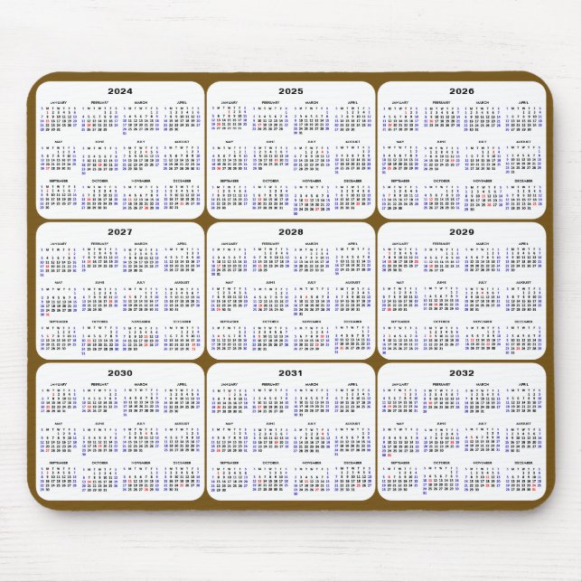 Mousepad 2024 - 2032 Calendário com feriados nos EUA Dourad (Frente)
