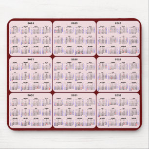 Mousepad 2024 - 2032 Calendário com feriados nos EUA - Rosa