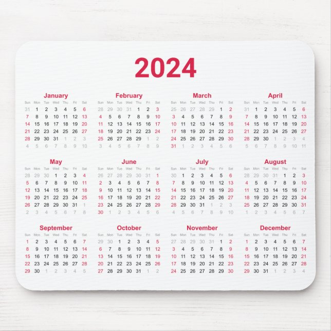 Mousepad 2024 Ano - Resumo do calendário vermelho e branco (Frente)