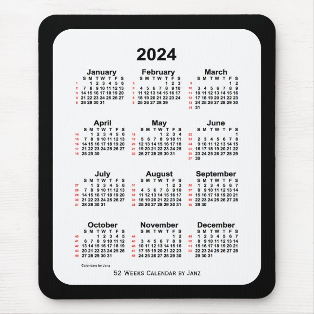 Mousepad 2024 Calendário de 52 Semanas com Dois Tons Pretos (Frente)