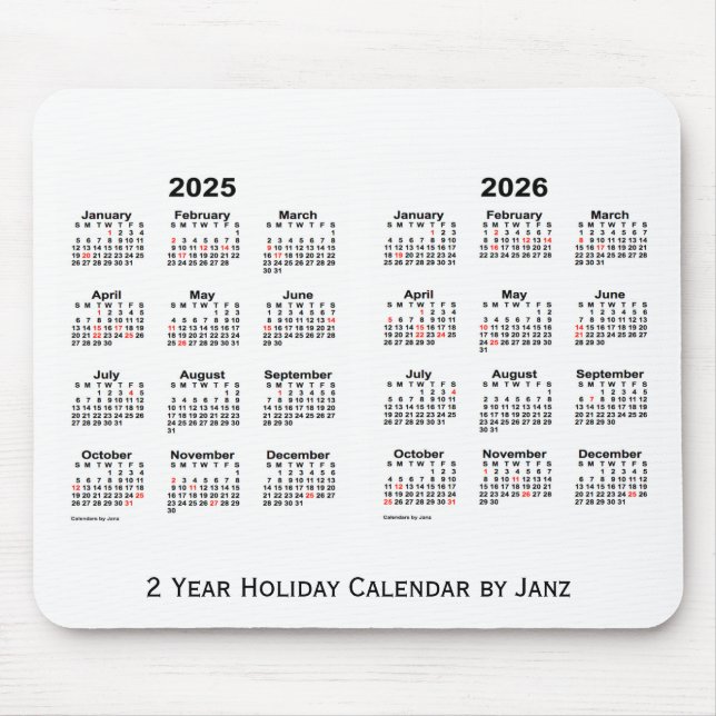 Mousepad 2025-2026 Calendário branco de férias de 2 anos de (Frente)