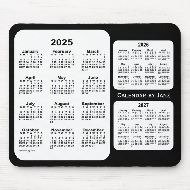 Mousepad 2025-2027 Calendário de 3 anos preto e branco de J (Frente)