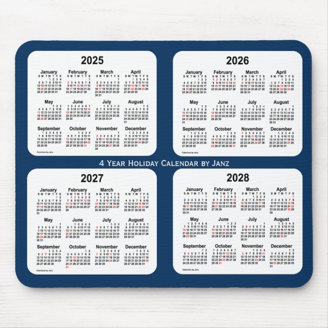 Mousepad 2025-2028 calendário azul do feriado da caixa de (Frente)