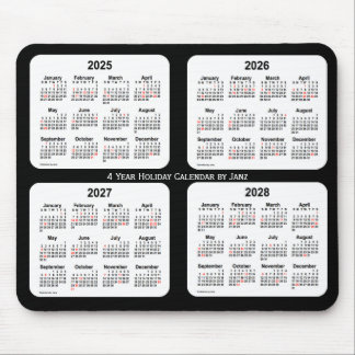 Mousepad 2025-2028 Calendário de feriado preto e branco de