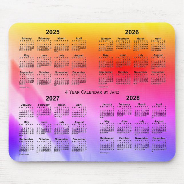 Mousepad 2025-2028 Rainbow Shadows, 4 anos Calendário de Ja (Frente)