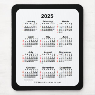 Mousepad 2025 Calendário de 52 Semanas com Dois Tons Preto