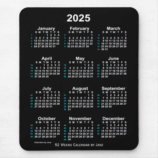 Mousepad 2025 Neon White 52 Semana Calendário de Janz (Frente)