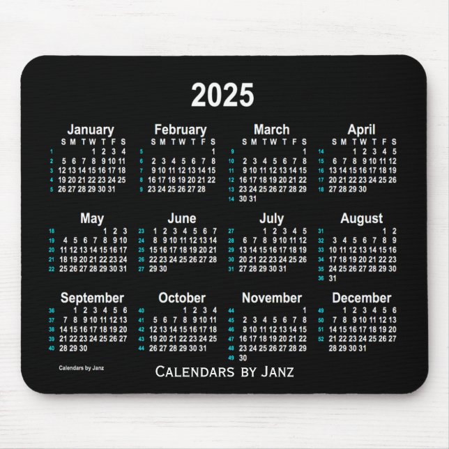 Mousepad 2025 Neon White 52 Weeks Calendário de Janz (Frente)