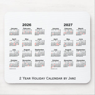 Mousepad 2026-2027 branco calendário de um feriado de 2