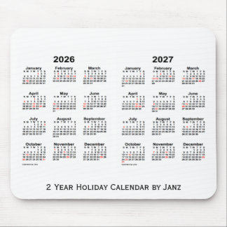 Mousepad 2026-2027 branco calendário de um feriado de 2