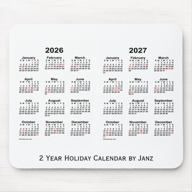 Mousepad 2026-2027 branco calendário de um feriado de 2 (Frente)