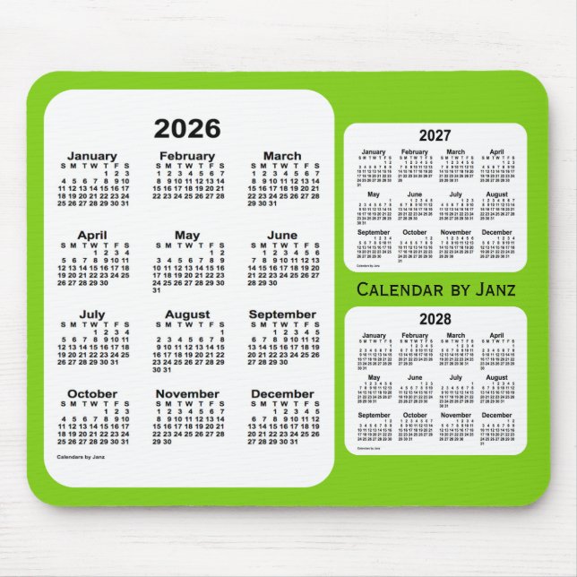 Mousepad 2026-2028 Calendário Amarelo Verde de 3 Anos de Ja (Frente)