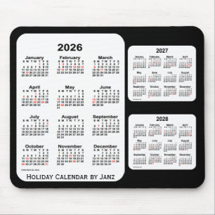Mousepad 2026-2028 Calendário de 3 anos de feriado preto de