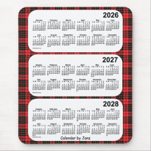 Mousepad 2026-2028 xadrez vermelha calendário de 3 anos po