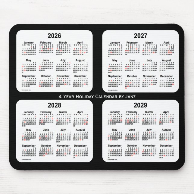 Mousepad 2026-2029 Calendário de feriado preto e branco de  (Frente)