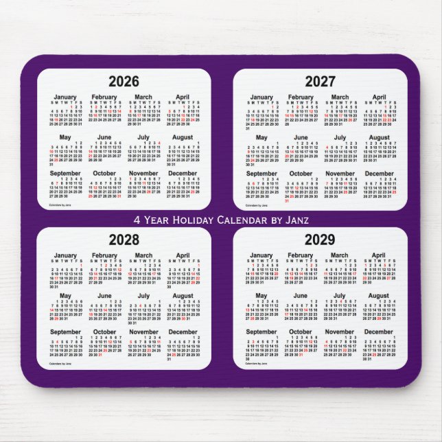 Mousepad 2026-2029 Calendário de Férias Roxas de Janz (Frente)