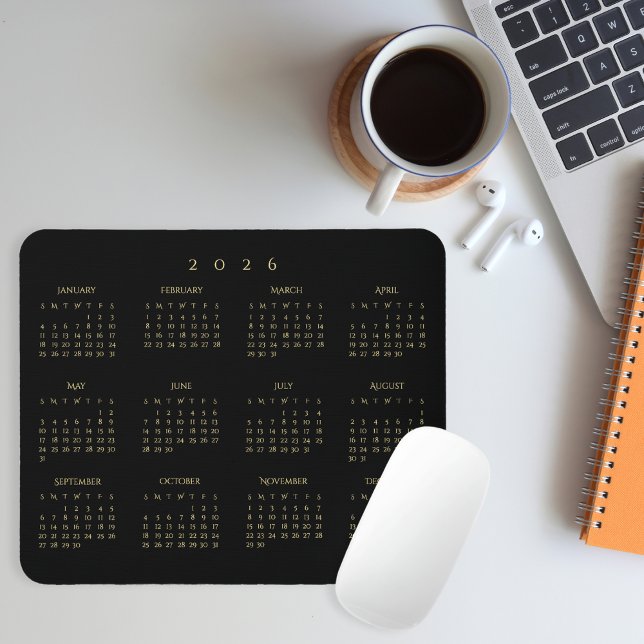 Mousepad 2026 Black Gold Full Year Calendar Home Office (2026 Black Gold Full Year Calendar Home Office Mouse Pad)