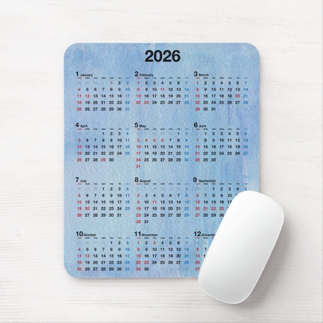 Mousepad 2026 Calendar Blue Watercolor Abstract (Com mouse)