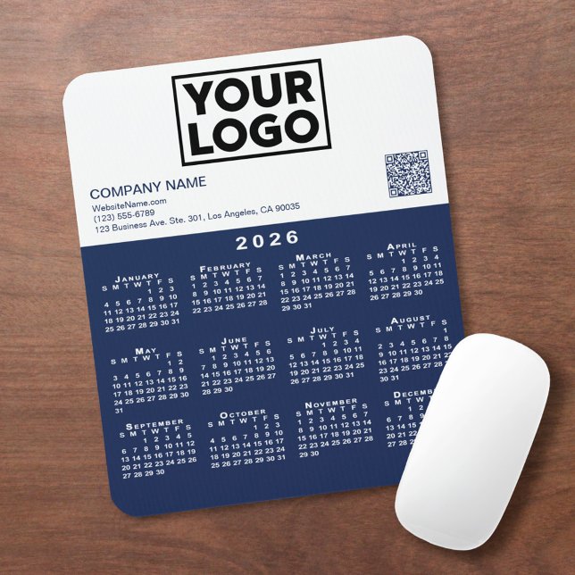 Mousepad 2026 Calendar Business Logo QR Code Navy White (2026 Calendar Business Logo QR Code Navy White Mouse Pad, in situ)