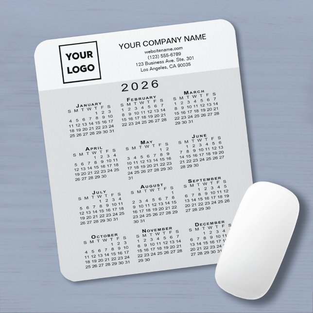 Mousepad 2026 Calendar Business Logo Text Light Grey White (2026 Calendar Business Logo Text Light Grey White Mouse Pad with mouse)