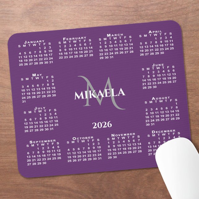 Mousepad 2026 Calendar Chic Monogram Name on Purple (2026 Calendar Chic Monogram Name on Purple Mouse Pad, in situ)