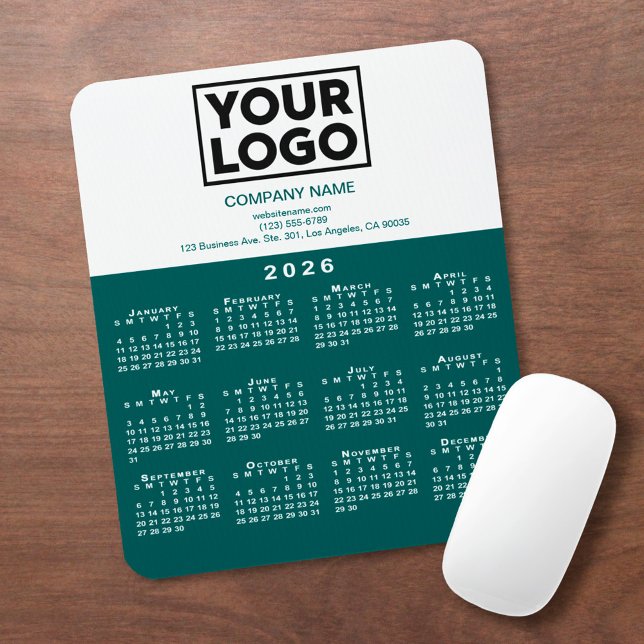 Mousepad 2026 Calendar Company Logo and Text Teal White (2026 Calendar Company Logo and Text Teal White Mouse Pad, in situ)