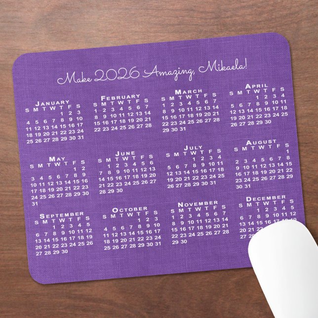 Mousepad 2026 Calendar Custom Name Purple Linen Photo (2026 Calendar Custom Name Purple Linen Photo Mouse Pad, in situ)