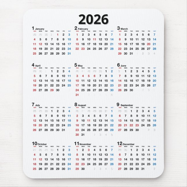 Mousepad 2026 Calendar On White (Frente)