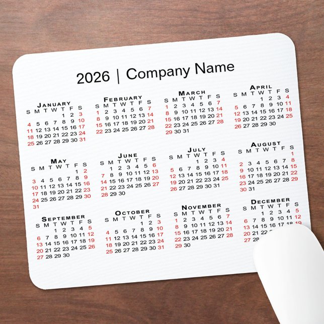 Mousepad 2026 Calendar with Company Name on White (2026 Calendar with Company Name on White Mouse Pad, in situ)