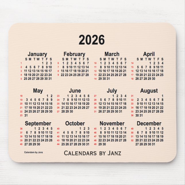 Mousepad 2026 Calendário de 52 Semanas Branco Antiquado de  (Frente)