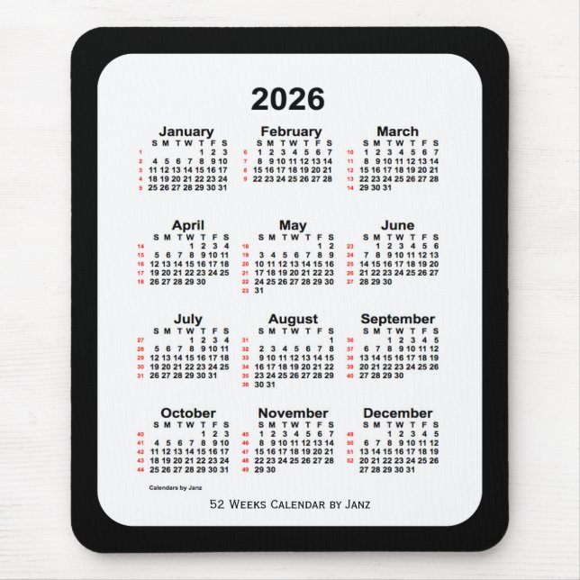 Mousepad 2026 Calendário de 52 Semanas com Dois Tons Pretos (Frente)