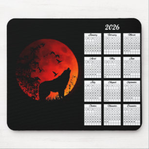 Mousepad 2026 Wolf Silhouette e Calendário da Lua Sanguínea